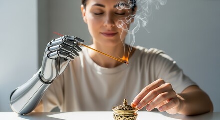Woman with a prosthetic robotic arm lighting an incense stick. Bionic hand holding a burning joss stick for a mindfulness ritual. Concept of technology and humanity integration