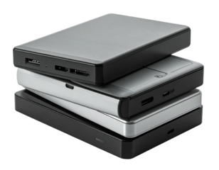 Stack of four rectangular portable electronic devices with sleek designs and various color schemes