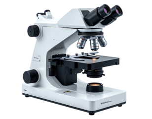 A detailed, high-angle view of a scientific laboratory binocular microscope