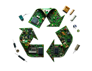 Symbolic image of the recycling symbol constructed from electronic circuit boards and electronic components