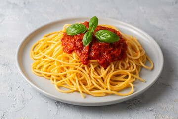 Tasty appetizing classic italian spaghetti pasta with tomato sauce,