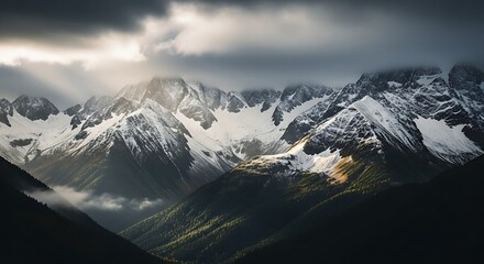Dramatic mountain range under cloudy sky with snow capped peaks