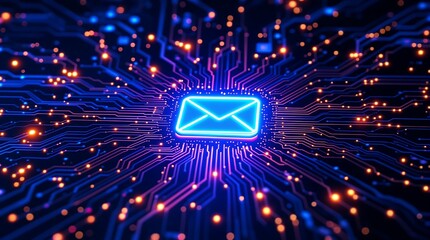 Email marketing digital technology concept with circuit board and glowing envelope for communication