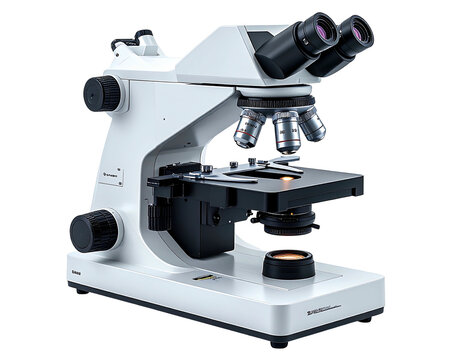 A detailed, high-angle view of a scientific laboratory binocular microscope