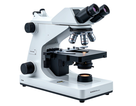 A detailed, high-angle view of a scientific laboratory binocular microscope