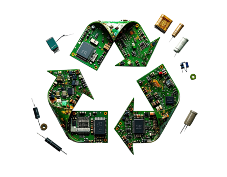 Symbolic image of the recycling symbol constructed from electronic circuit boards and electronic components