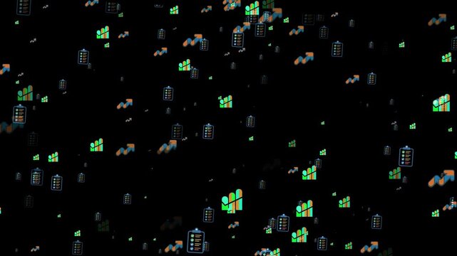 Scattered Business Icons Showing Growth and Tasks on Black. Some random premium business elements with particles 4k animation.