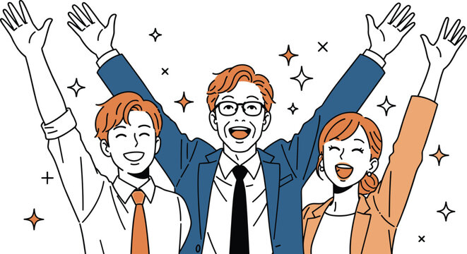 Successful business team celebrating achievement with arms raised in joyful unity