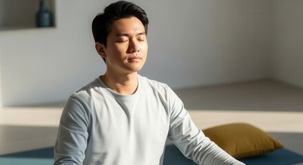 Young Asian man sitting on a yoga mat with eyes closed practicing meditation. Mindfulness and relaxation at home for mental health and well-being
