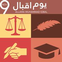 Allama  Muhammad Iqbal day 9 november 1877 banner, poster, card and social media post design for website template. Iqbal day 9th November 1877. Iqbal pen, book, cap, hand, glasses, candle, justice.