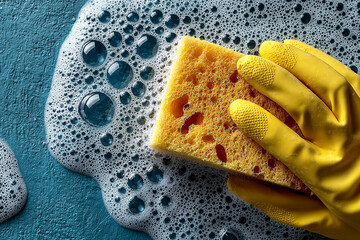 Yellow Gloved Hand Cleaning with Sponge on Soapy Blue Surface – Housekeeping and Cleaning Service Concept