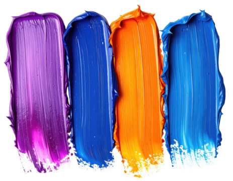 Strokes of vibrant purple, blue, orange, and azure paint on a black background