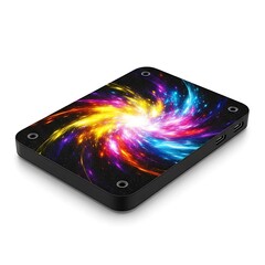 Black electronic device with colorful nebula pattern