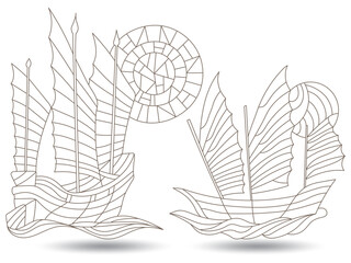 A set of сщтещгк stained glass illustrations with oriental ships, objects isolated on a white background