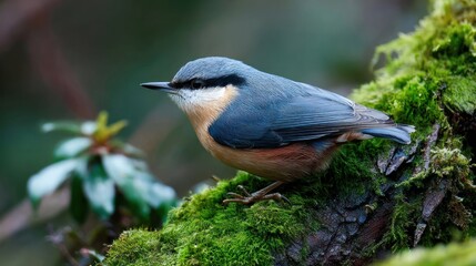 Fototapeta premium Close-up of a Eurasian Nuthatch perched on a moss-covered branch, showcasing intricate feather detail and a blurred natural background.