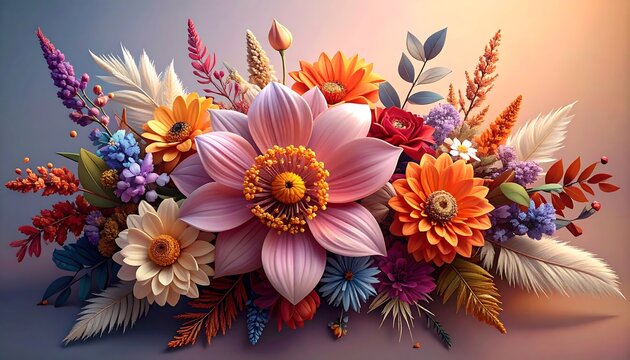 A vibrant floral arrangement showcasing a medley of colorful blossoms and feathery accents, artfully displayed with a gradient background
