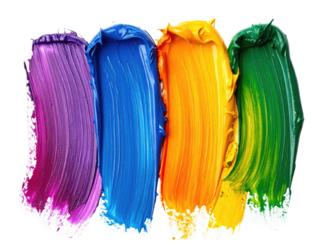 Isolated strokes of vibrant, textured paint in purple, blue, orange, and green hues, against black