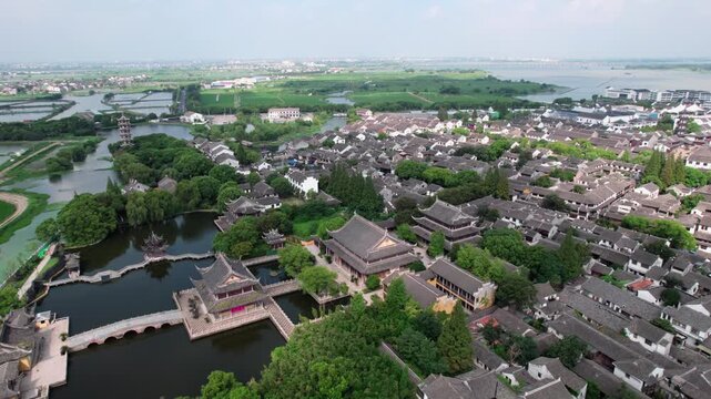 Aerial photography of rural scenery in Zhouzhuang Ancient Town, China