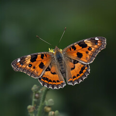 Top Down View Orange Black and White Butterfly with Open Wings on Green Background
