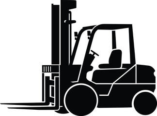 Forklift silhouette illustration, warehouse equipment vector, industrial vehicle design, construction machinery artwork, heavy lifting machine graphic, black and white transport icon