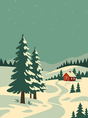 Snowy winter countryside scene horizantal retro poster flat illustration design
