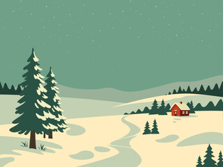 Snowy winter countryside scene vertical retro poster flat illustration design