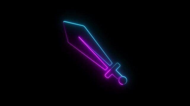 Neon Glowing Sword Animation Video. neon glowing abstract sword and knife icon motion on black background. neon weapon icon on dark background, fantasy sword animation, 4k rendering video.