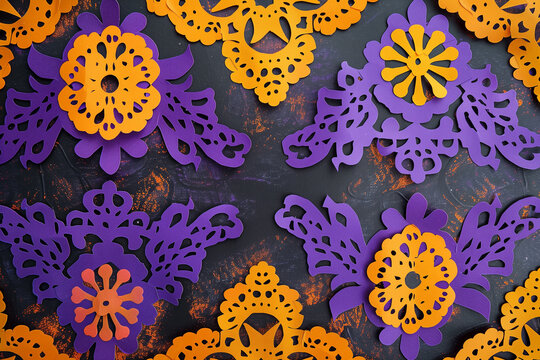 A purple and orange flower is on a black background. Day of the Dead, mexico,