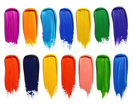 Collection of colorful abstract brushstrokes against a black background, showcasing vibrant paint colors