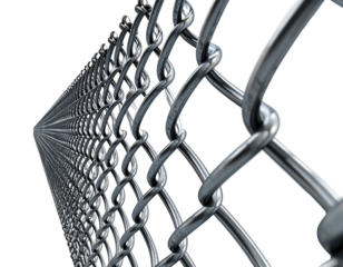 Close-up perspective of an industrial metallic chain-link fence receding into the distance against black