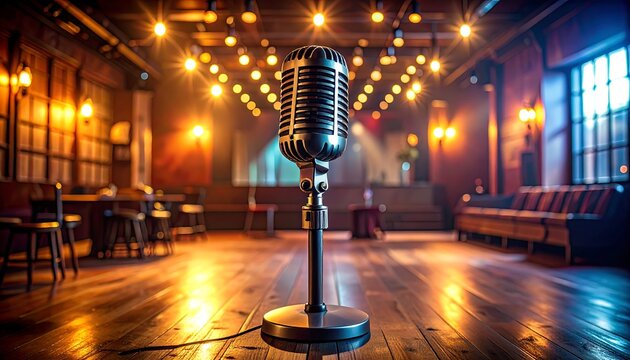 A vintage-style microphone stands center stage in a dimly lit room, stage lights glow and seating is dimly visible. A warm, inviting atmosphere