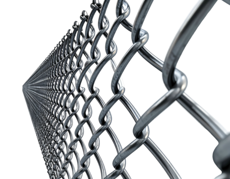 Close-up perspective of an industrial metallic chain-link fence receding into the distance against black