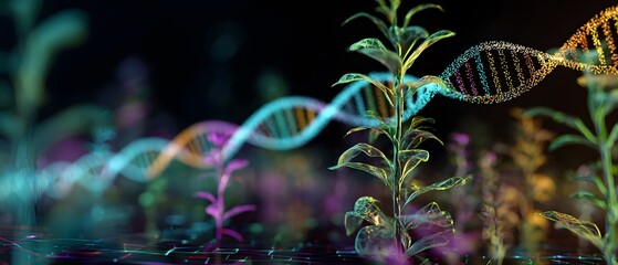 Genetically modified plants exhibit vibrant DNA helix structures.