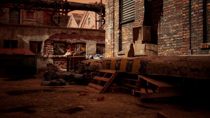 A quiet, neglected alley reflects urban decay, with scattered cardboard boxes, broken pallets, and debris. The evening light casts long shadows, creating a moody atmosphere.