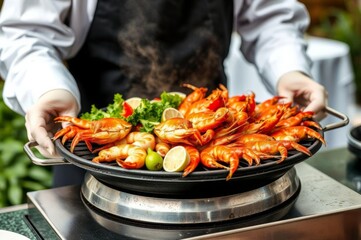 Chef serving grilled seafood at wedding party