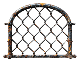 A wrought iron arched frame with a chain-link fence, isolated on a transparent background