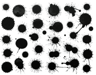 Diverse collection of ink splatters and blots of varying sizes, arranged on a black background