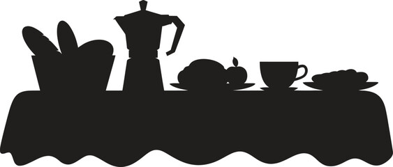 Silhouette of a breakfast table with coffee and bread