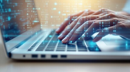 Typing on laptop keyboard with binary code overlay for cybersecurity and data analysis concepts
