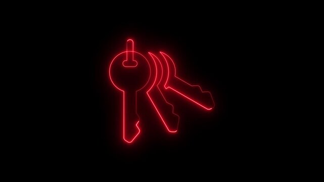 Neon Animated Keys Icon Glowing Keyring & Security Symbol Loop. A bright neon keys icon representing access, security, ownership, perfect. 4k motion video. Futuristic technology key glowing animation.