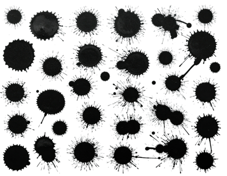 Diverse collection of ink splatters and blots of varying sizes, arranged on a black background