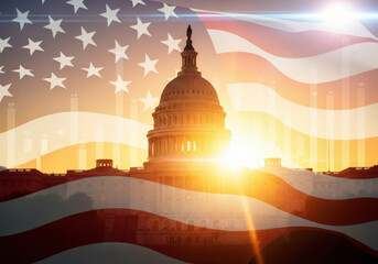 Obraz premium American capitol building at sunrise with overlay of us flag symbolizing freedom
