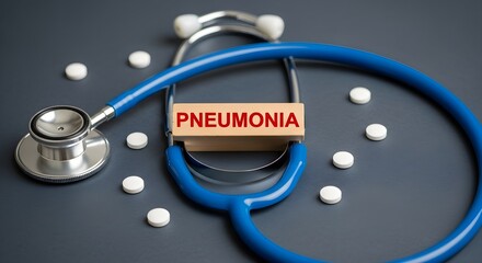 A blue stethoscope is placed around a wooden block displaying the word "PNEUMONIA" in red text, surrounded by several white pills on a dark gray surface.
