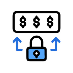 Icon of secured money transactions with dollar bills and a padlock
