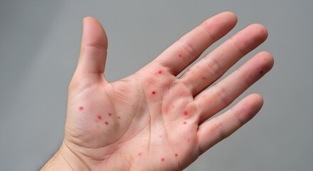 A human palm is shown with multiple small, red spots, indicative of a rash or skin condition.