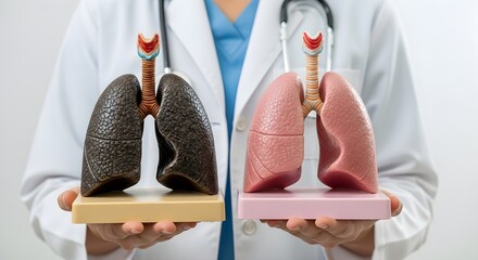 A doctor holds models comparing healthy lungs with lungs affected by pneumonia.