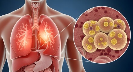 A 3D medical illustration shows inflamed human lungs with a magnified view of pneumonia-causing microorganisms and infected cells.