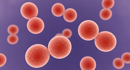 Microscopic illustration of red, spherical bacteria, resembling cocci, some paired, against a purple background, indicative of pneumonia pathogens.