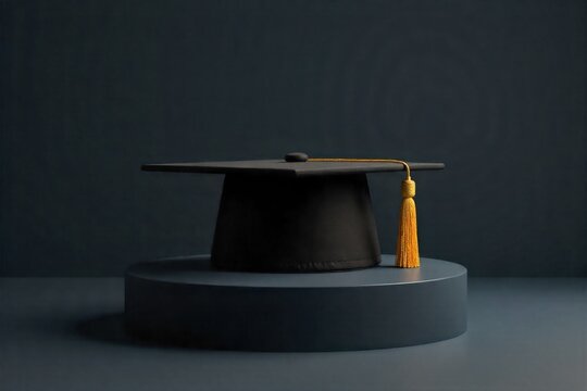 Graduation Cap on a Pedestal in a Spotlight A single, black graduation cap (mortarboard) with a gold tassel is placed centrally on a sleek, minimalist grey pedestal. A single, bright spotlight shines