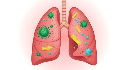 An illustration depicting human lungs infected with various microorganisms, including viruses, bacteria, and fungi, representing pneumonia.